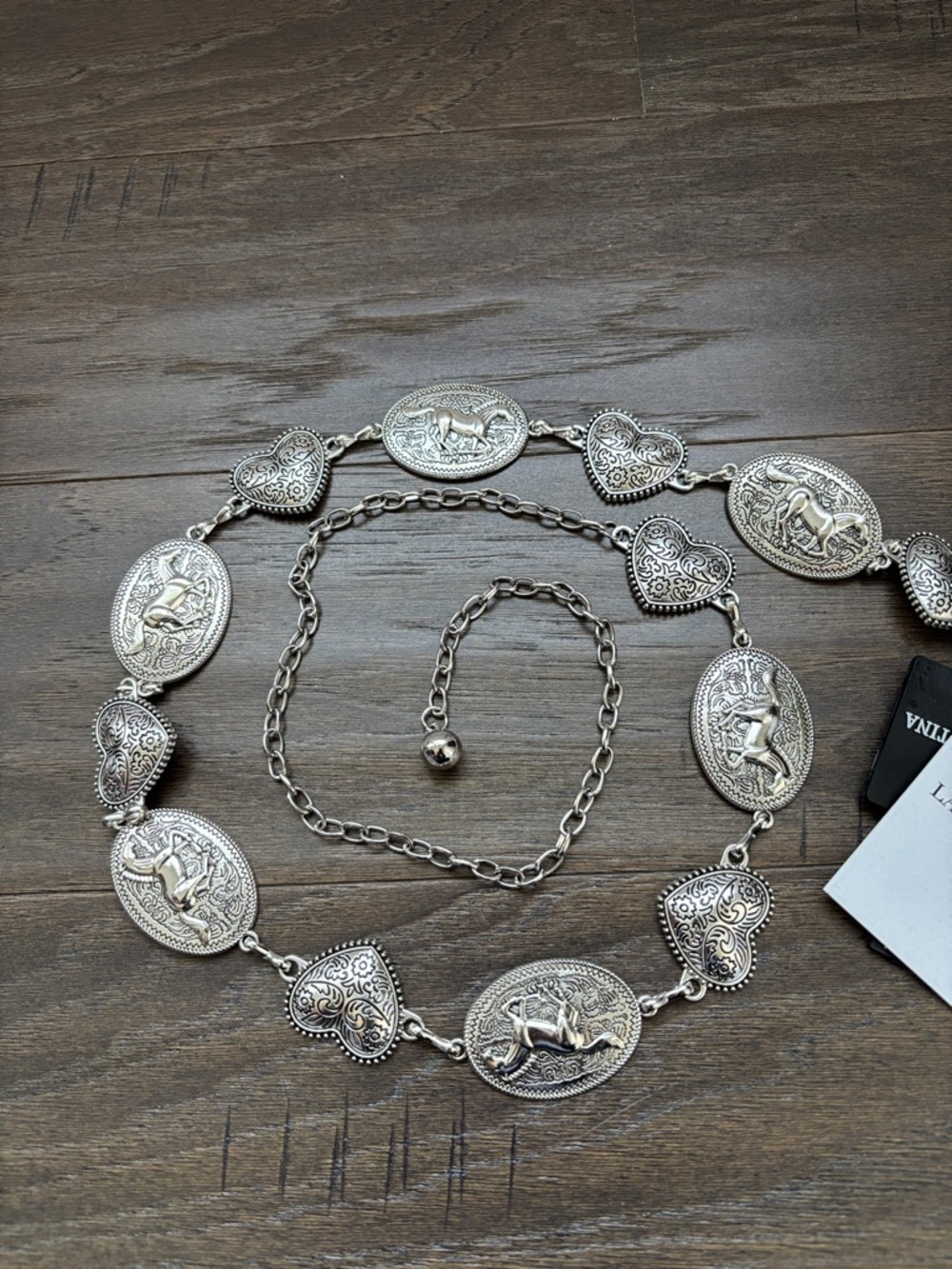 LA Valentina Western Chain Belt,oval silvertone horse & hearts conchos,versatile